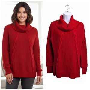 Calvin Klein Women Red Cable Knit Pullover Sweater Cowl Neck Winter Christmas M